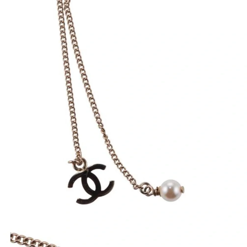 CHANEL Pendant Necklace Clover Lambskin Leather Chain Logo Crystal Mosaic Pearl